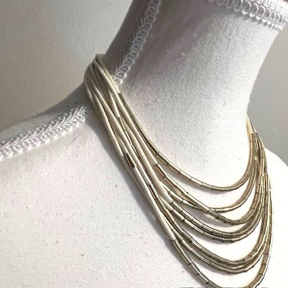LOFT Ann Taylor Gold Tone Bar Beads Cream Multi Strand Choker Necklace - Picture 5 of 10